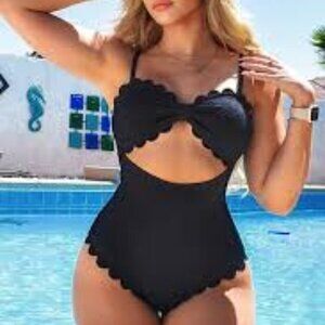 CUPSHE BLACK KNOTTED BOW SCALLOPED EDGE MONOKINI PLUS SIZE XXL NWT